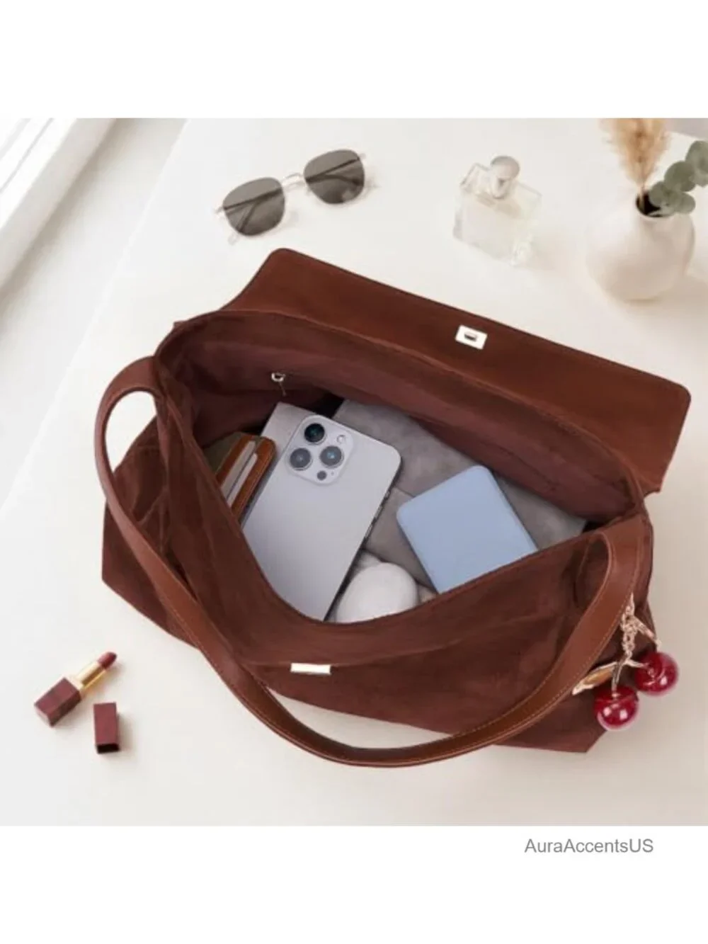Faux Suede Flap Hobo Shoulder Bag Slouchy Tote